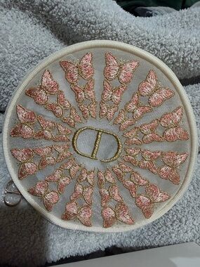 Dior Dainty Round Embroidered Butterfly Cosmetic Pouch - Pink & Gold